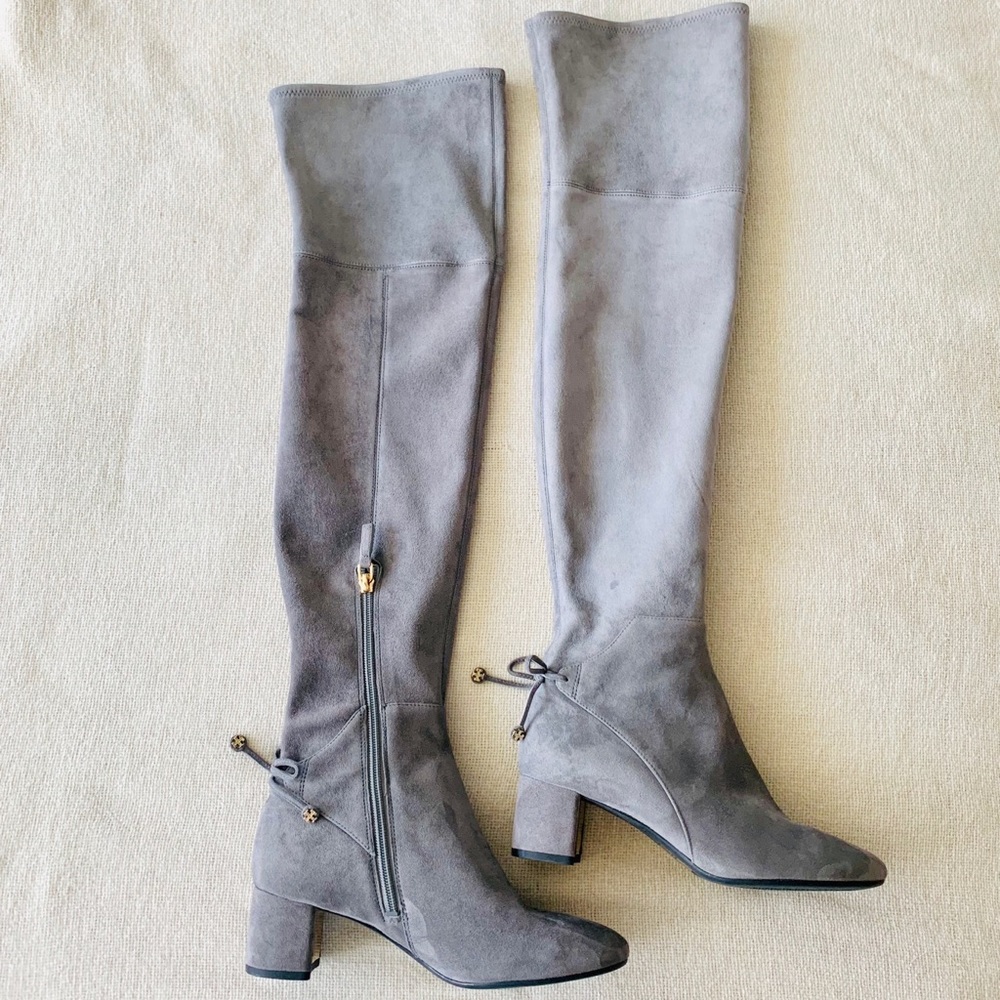Tory Burch Authentic Laila Carbon Grey Suede Stretch Over The Knee Boots Size 5M